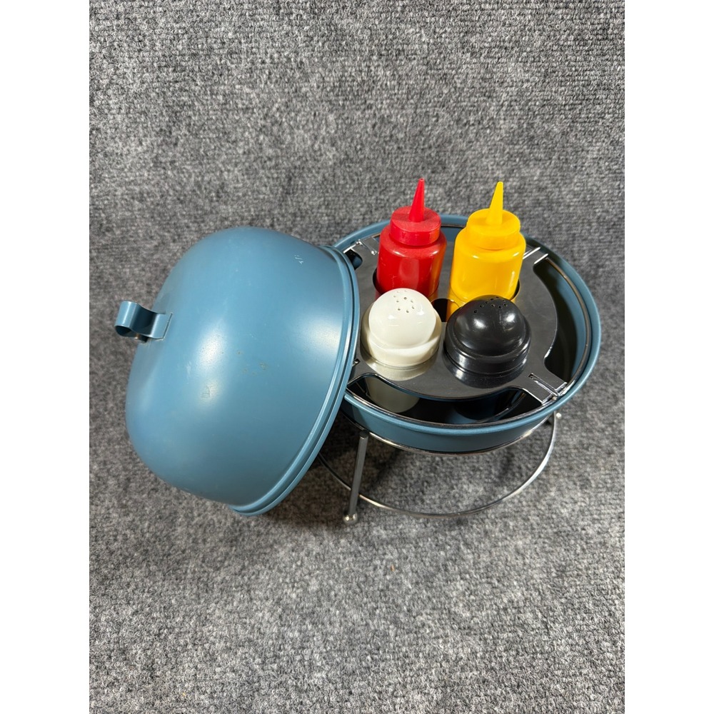 Vintage Blue Kettle Grill Condiment Set Salt Pepper Shakers Ketchup Mustard 8in - Picture 6 of 9